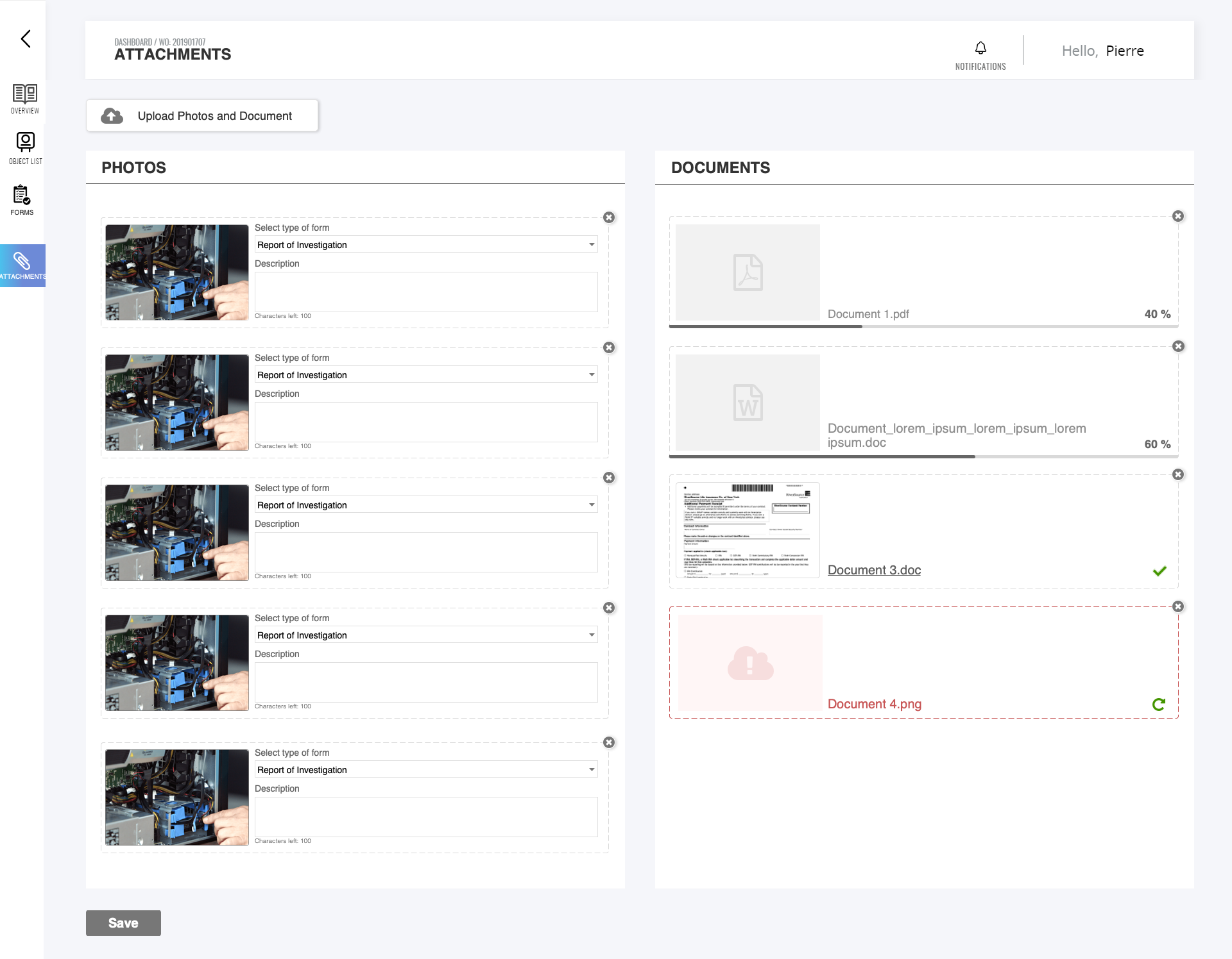 Attachments, photos and documents
