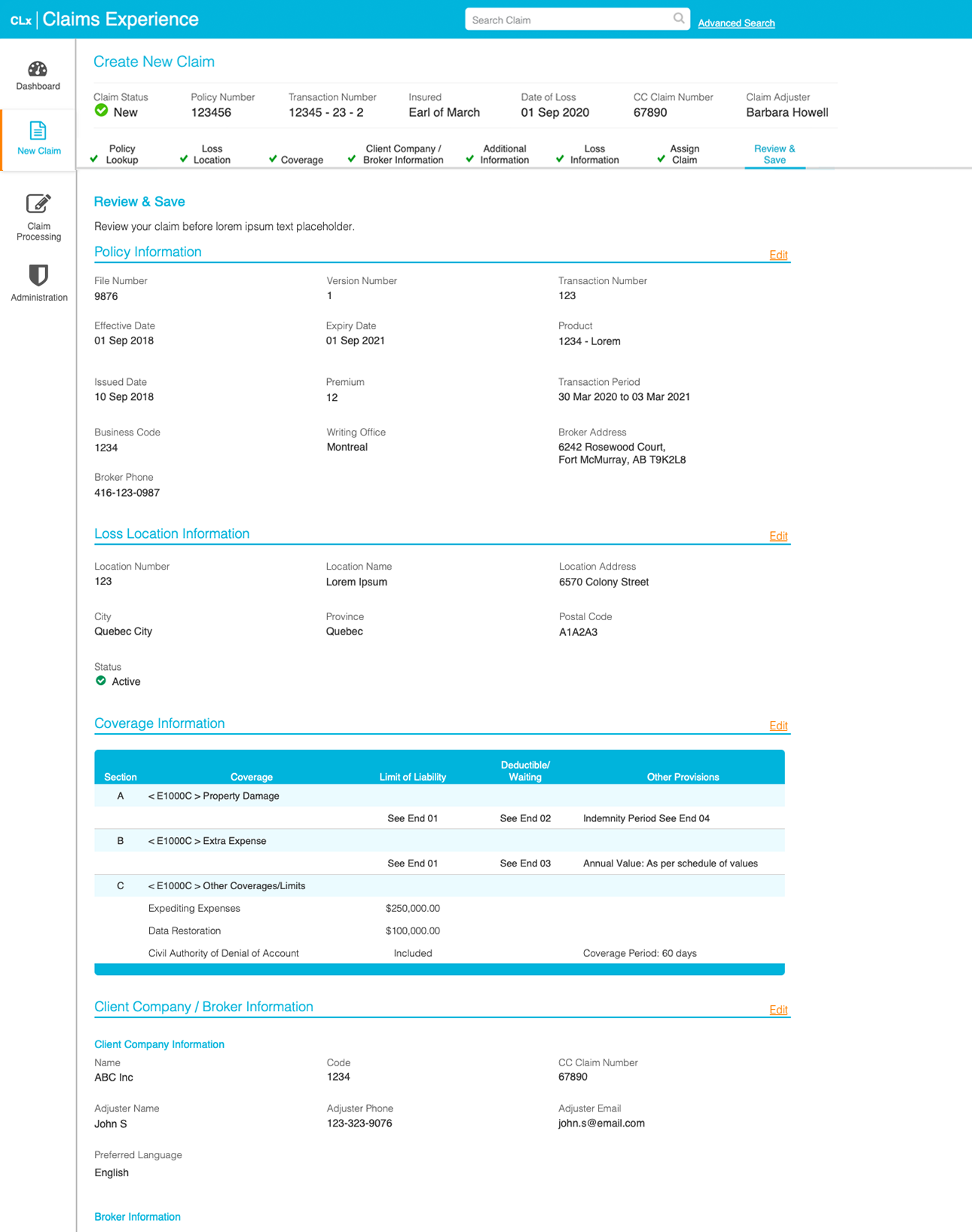 Claim processing, reserves and payments