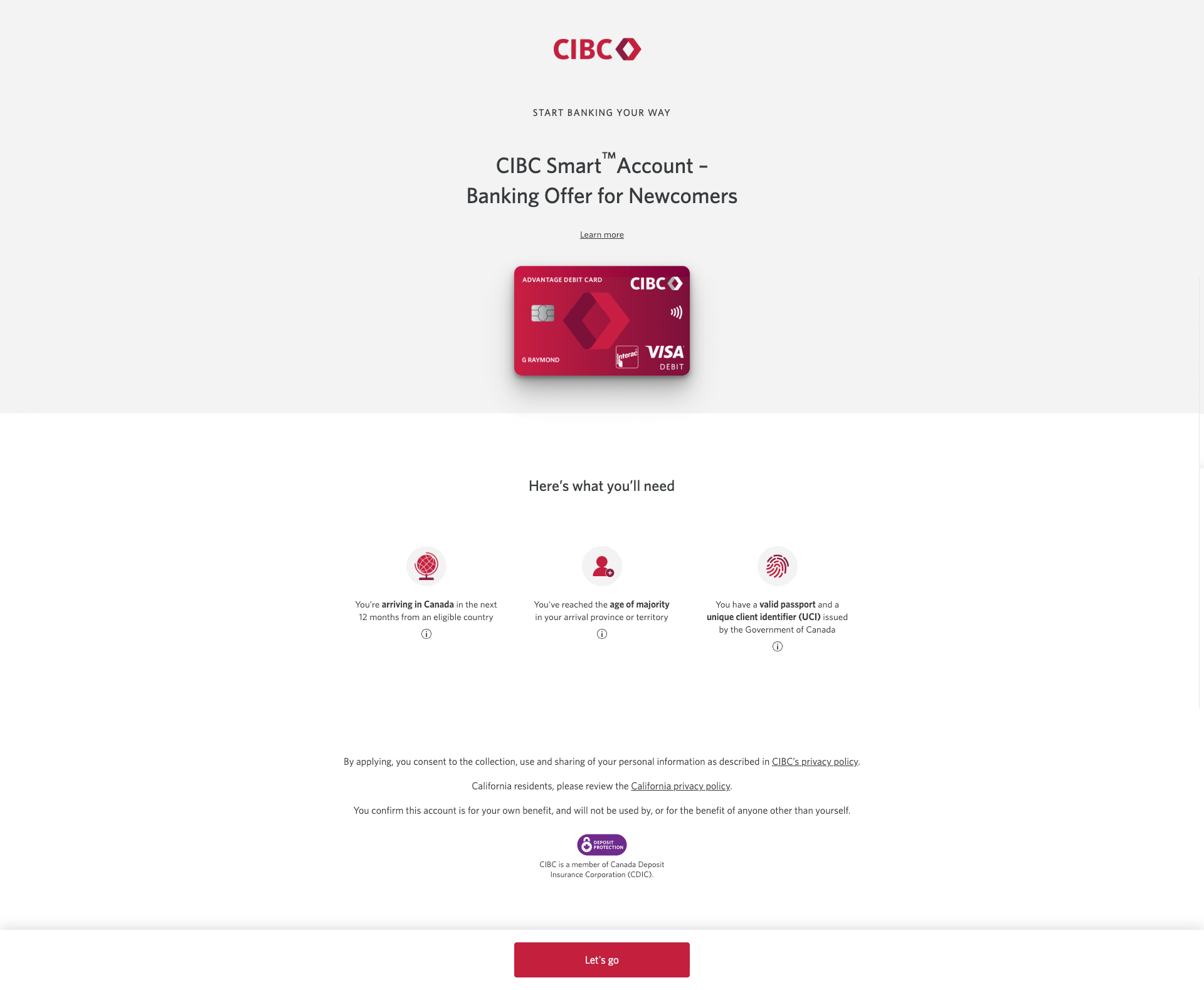 CIBC Smart Account eligibility screen