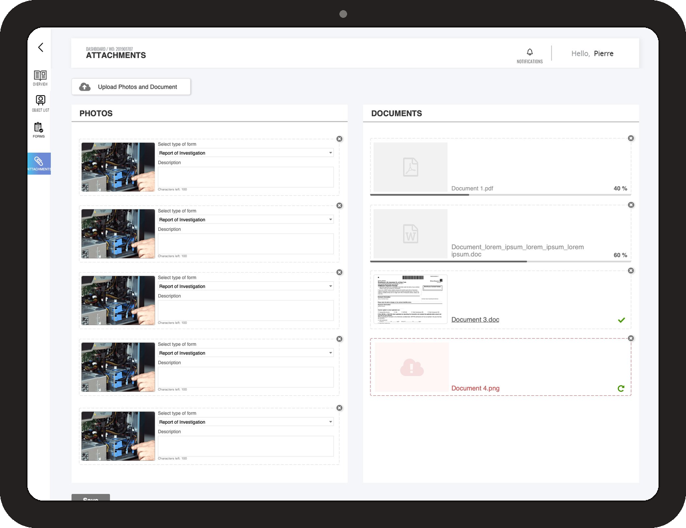 Attachments screen on tablet