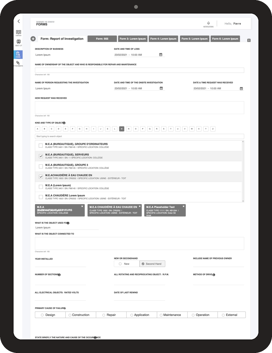 Inspection form on tablet
