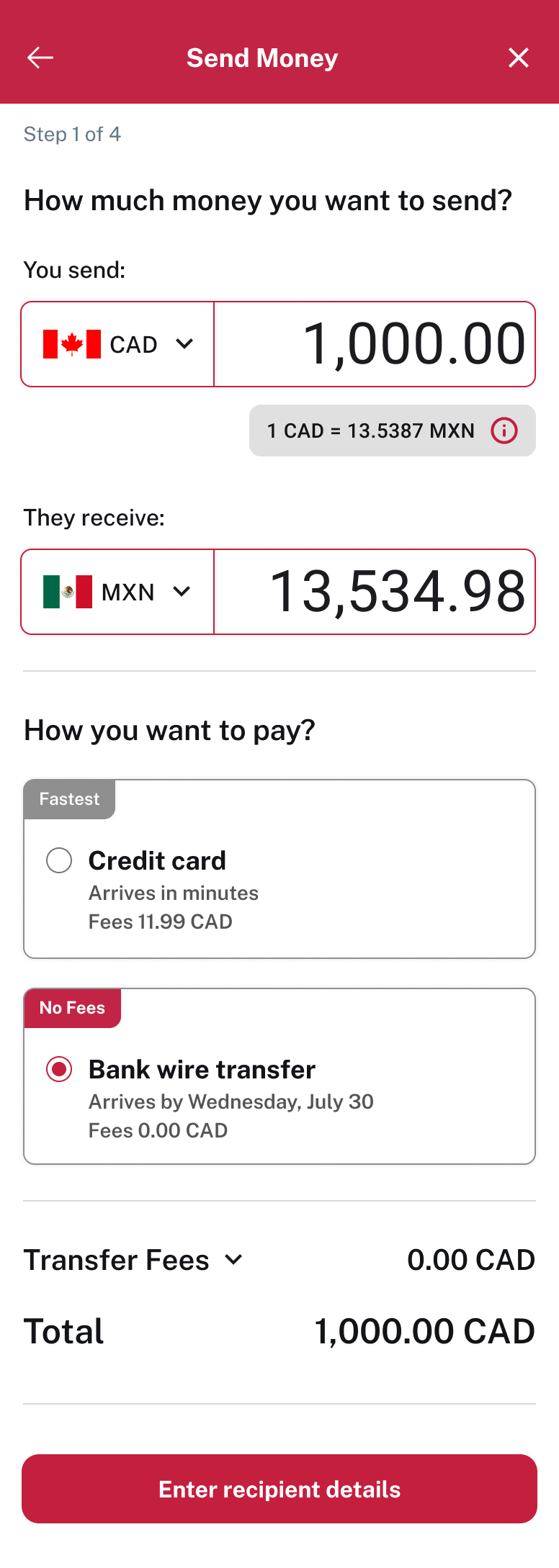Amount entry with live FX and fee disclosure