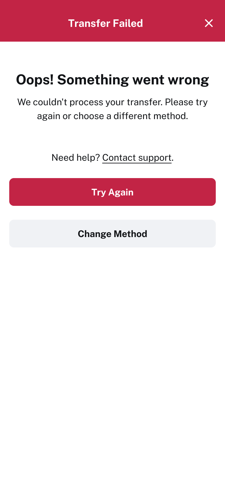 Transfer failed with retry and support options