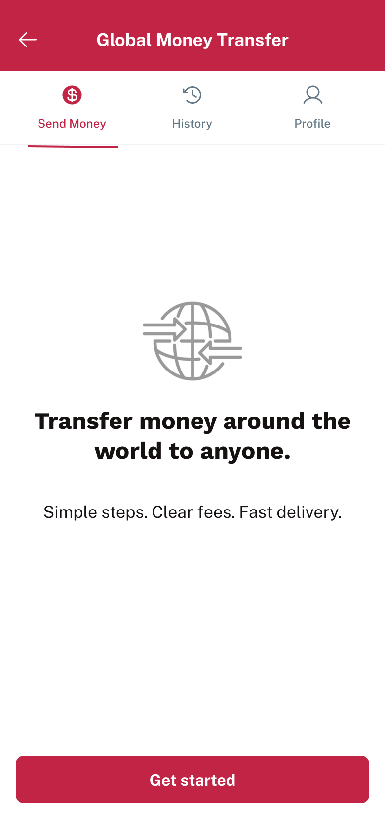 Global Money Transfer landing screen