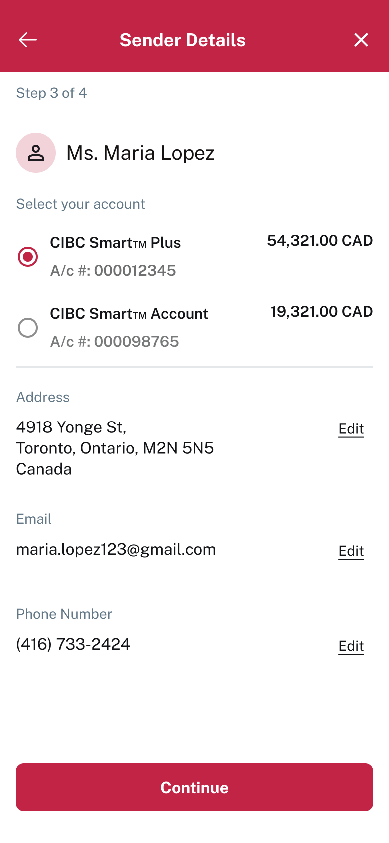 Sender details with account selection