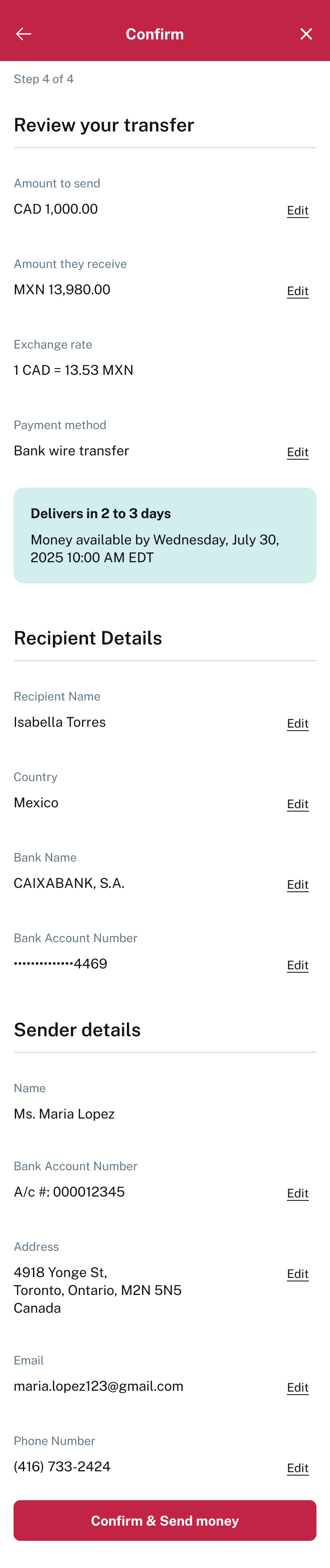 Transfer summary grouped into sections