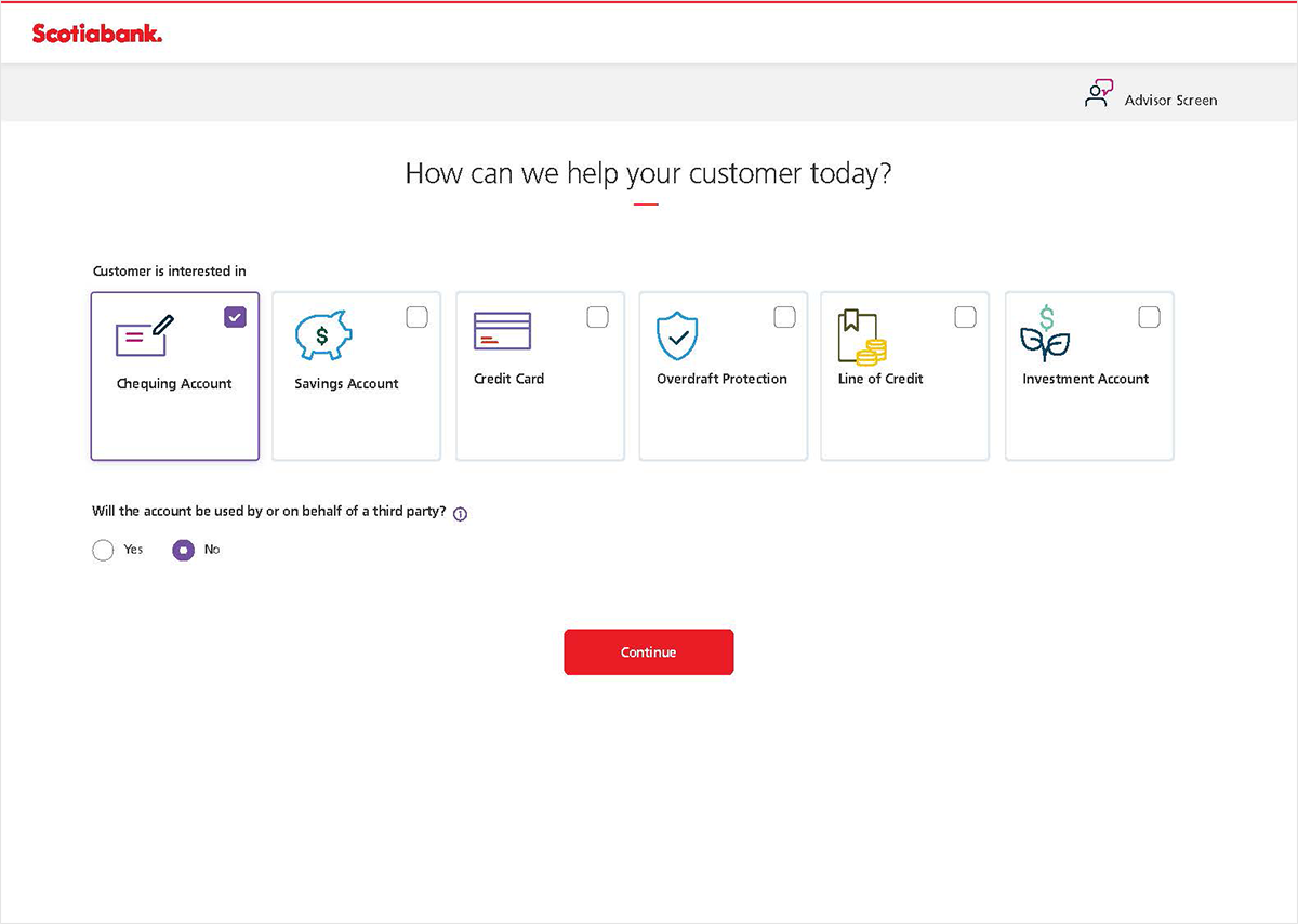Onboarding product selection where the advisor chooses which accounts to open for the customer