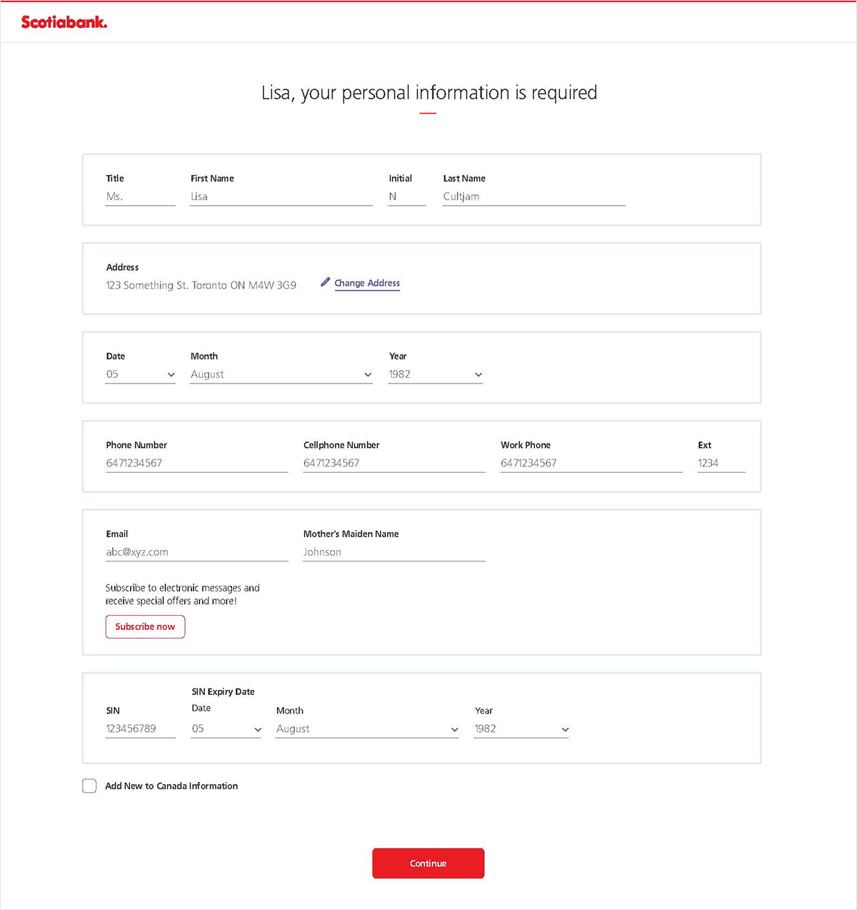 Final personal information screen pre-filled from customer profile