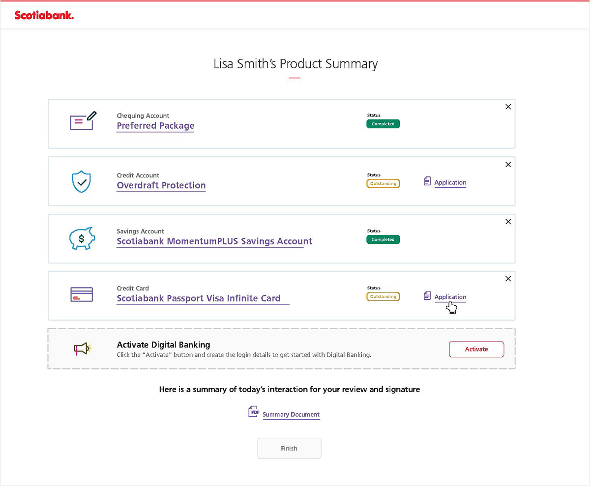 Product summary screen showing onboarding complete with activation and document options
