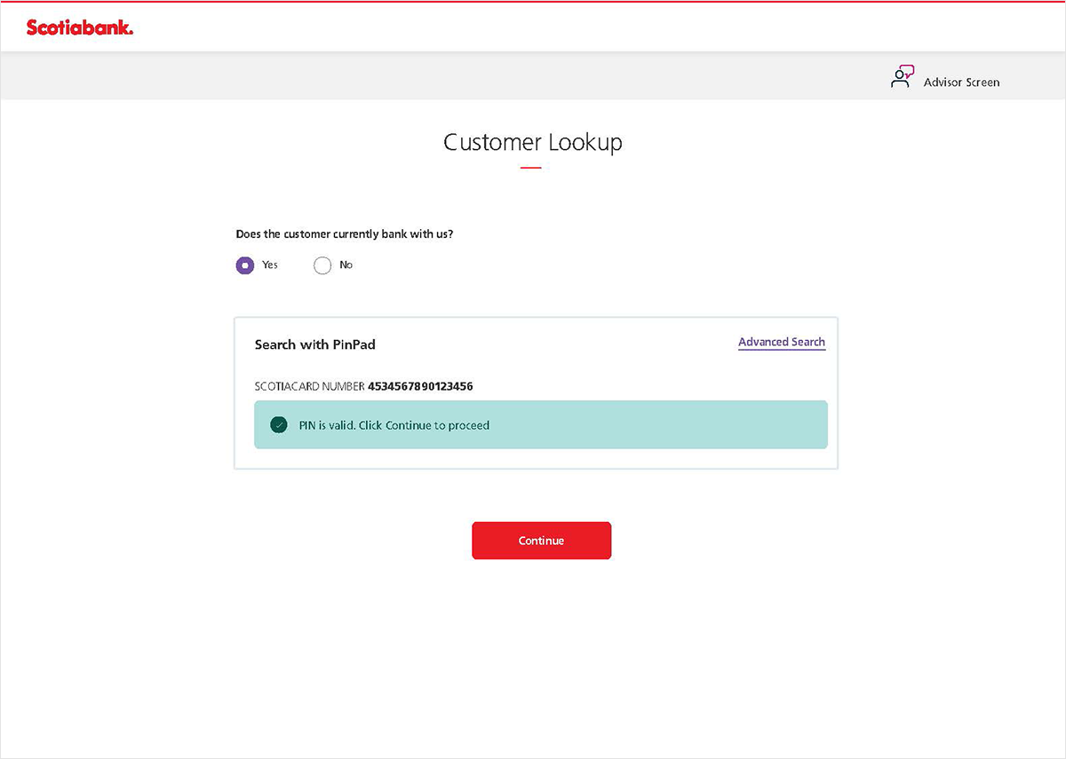Customer lookup PIN validation screen