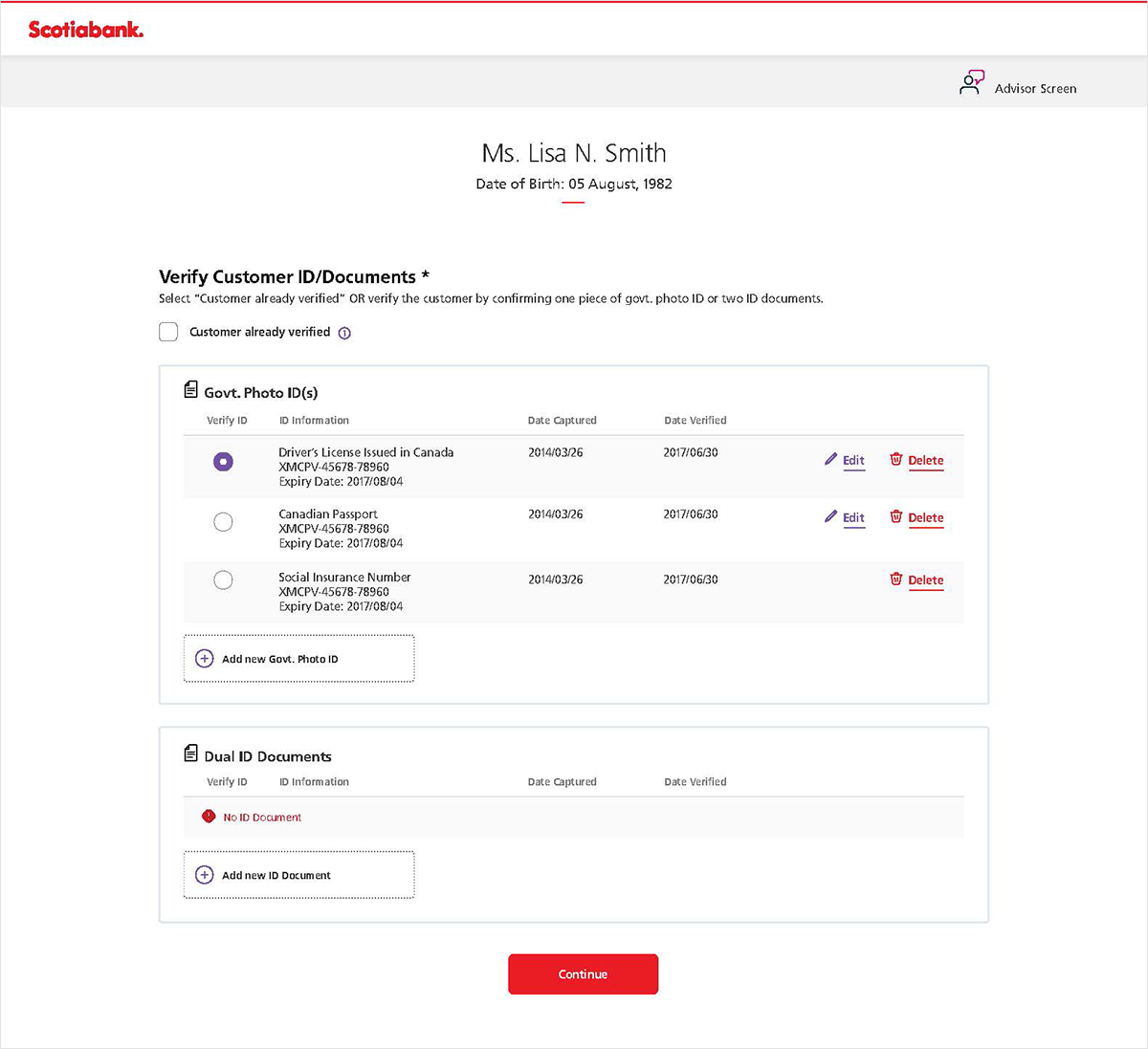 ID verification screen showing documents on file with verification dates