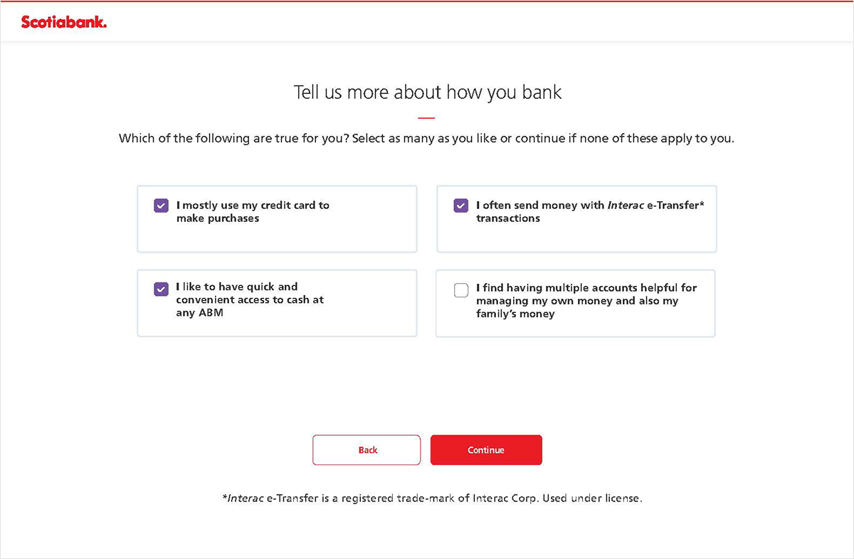 Banking habits screen with checkbox needs assessment