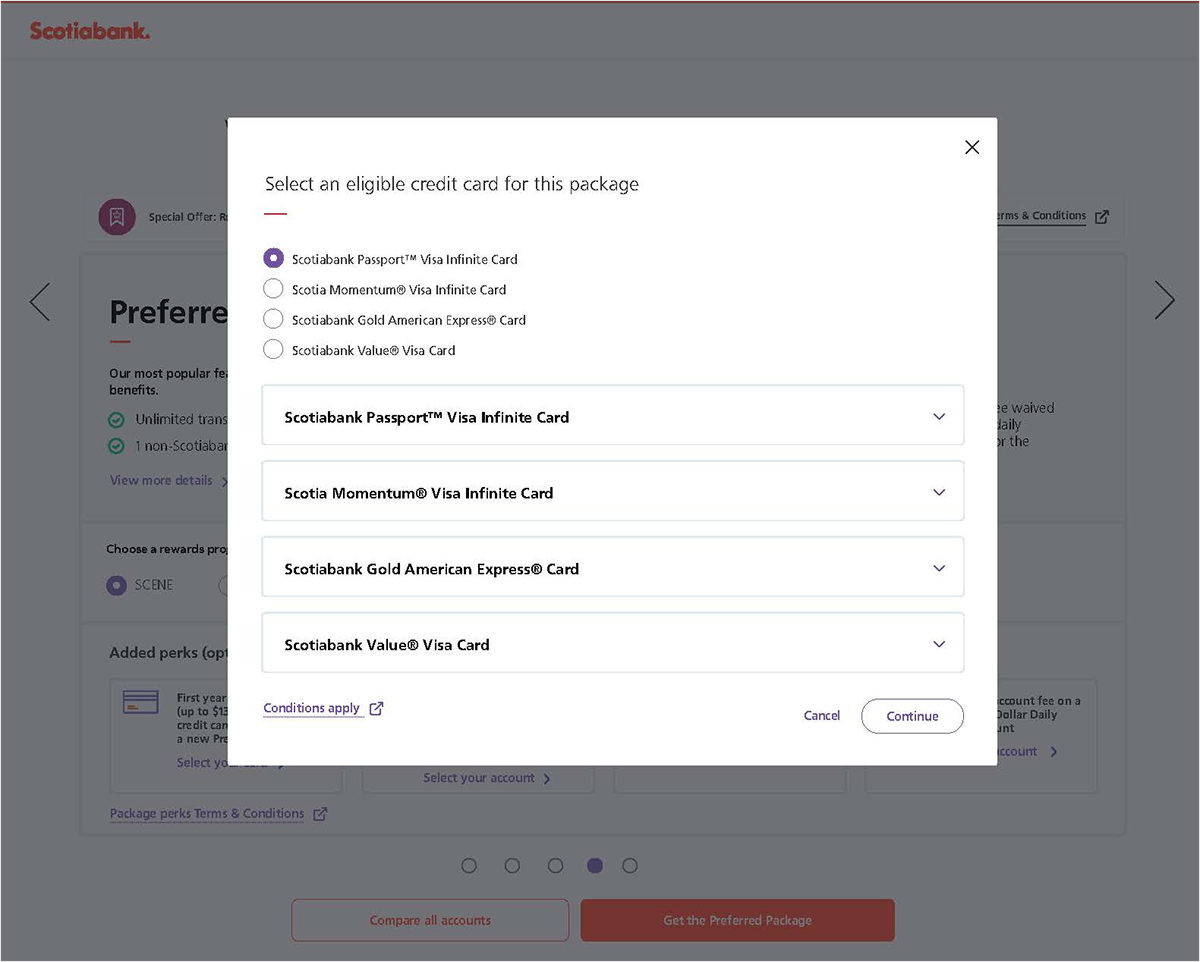 Credit card selection modal within package setup