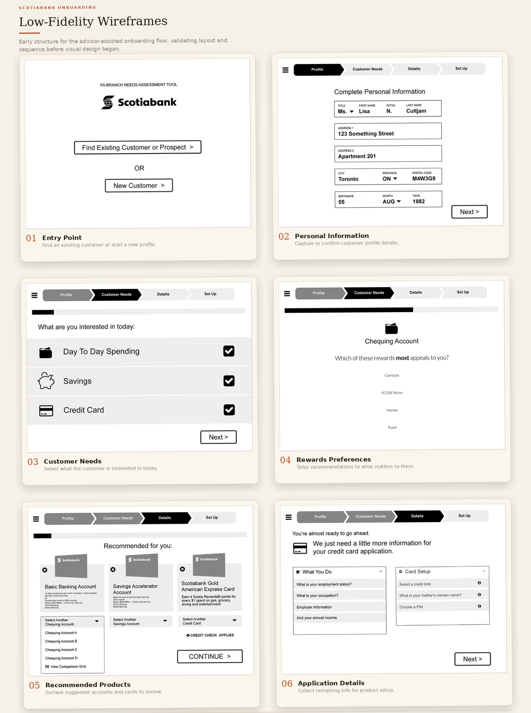 Low-fidelity wireframe of the personal information form with step navigation