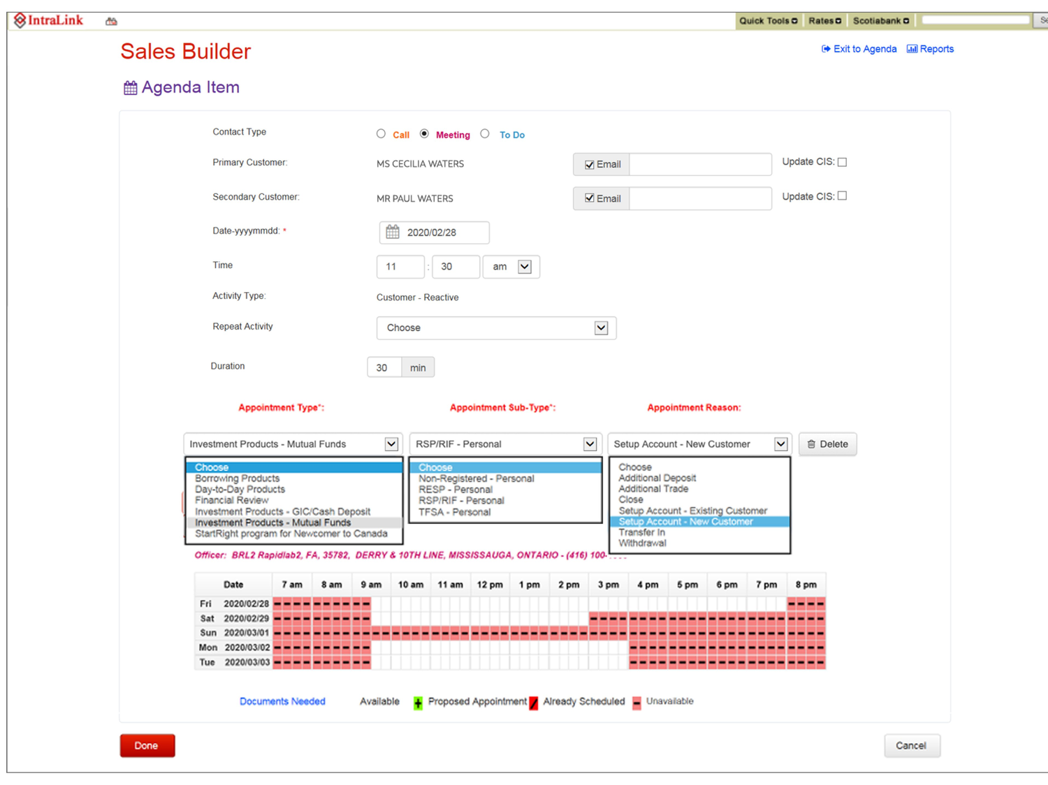 Legacy IntraLink Sales Builder appointment screen with dense form fields, nested dropdowns, and an availability grid