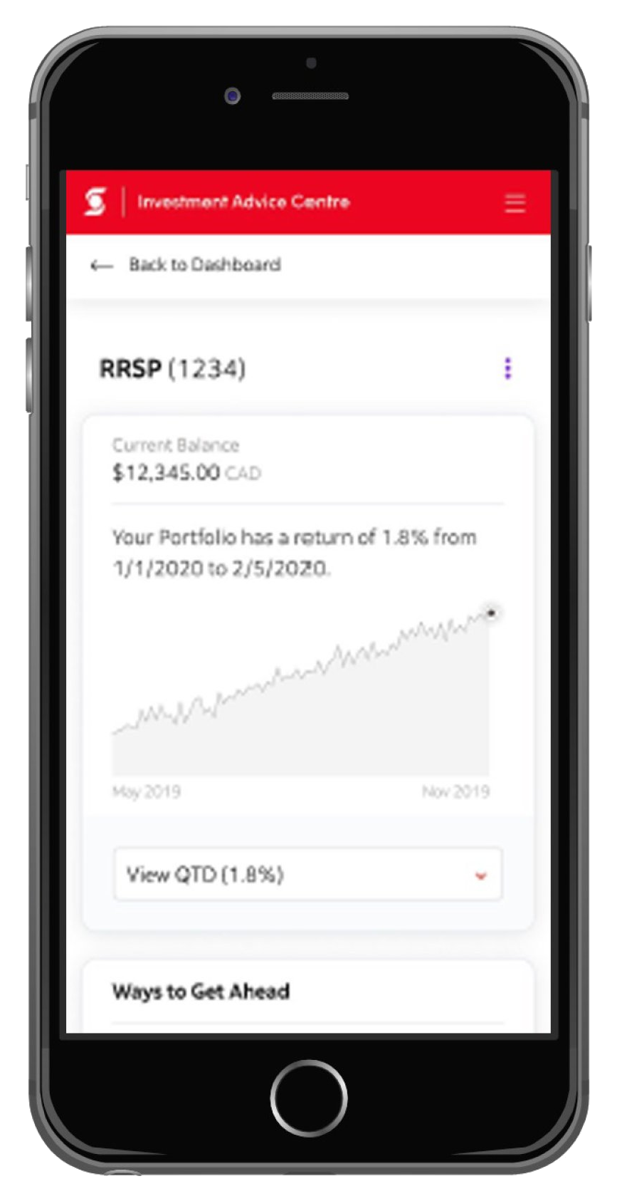 Mobile account view showing an RRSP balance and portfolio return over time