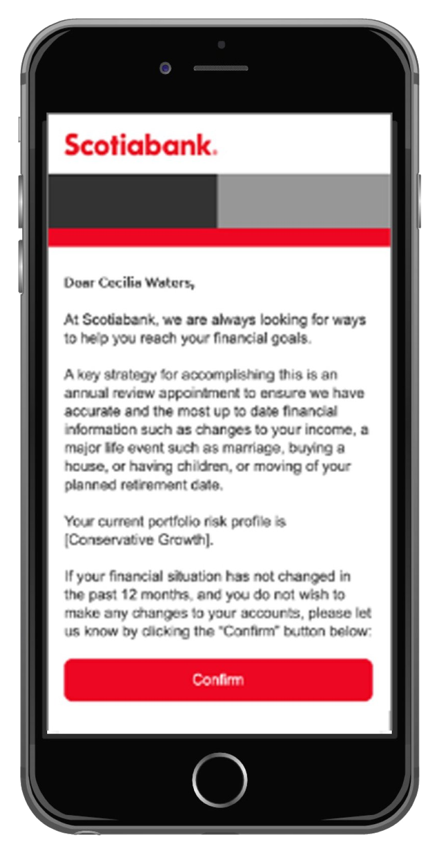 Mobile annual review message from Scotiabank with a confirm action
